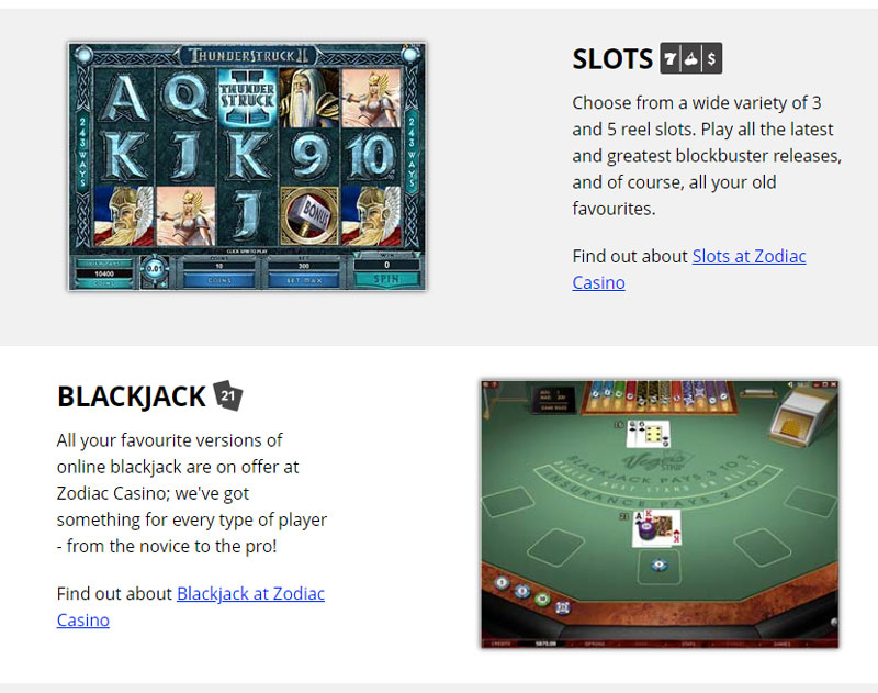 Large gamme de jeux sur Zodiac Casino